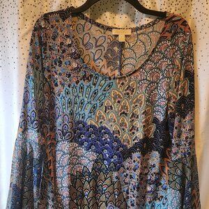 🦚 Vintage Peacock Bell-Sleeve Dress – Lightweight & Versatile